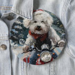 Bichon Frise Dog Riding Motorcycle Christmas Button
