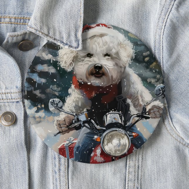 Bichon Frise Dog Riding Motorcycle Christmas Button (In Situ)