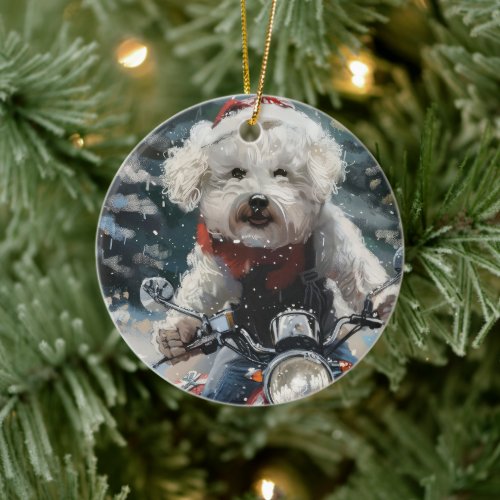 Bichon Frise Dog Riding Motorcycle Christmas Ceramic Ornament