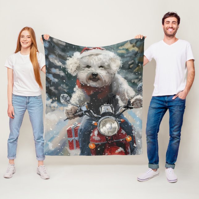 Bichon Frise Dog Riding Motorcycle Christmas Fleece Blanket (In Situ)