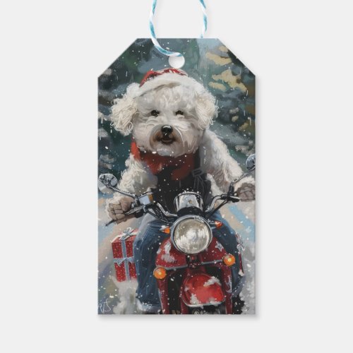 Bichon Frise Dog Riding Motorcycle Christmas Gift Tags