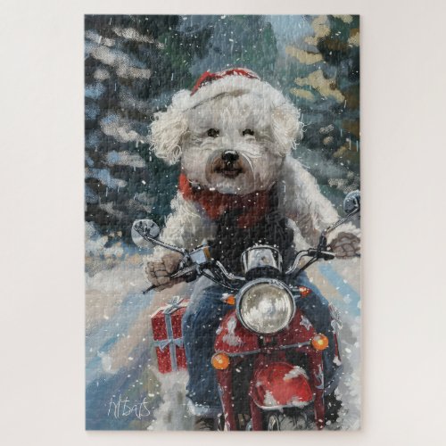 Bichon Frise Dog Riding Motorcycle Christmas Jigsaw Puzzle