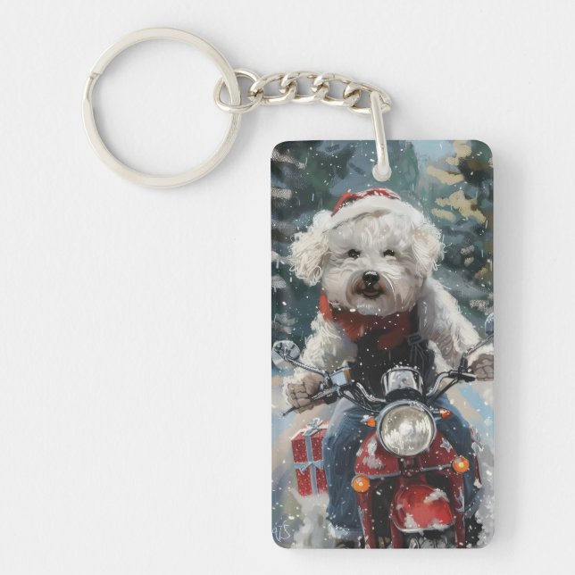 Bichon Frise Dog Riding Motorcycle Christmas Keychain (Front)