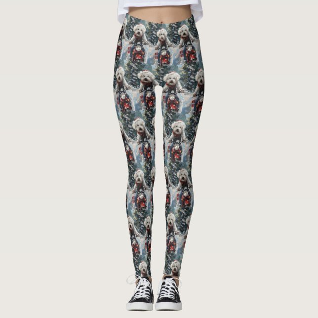 Bichon Frise Dog Riding Motorcycle Christmas Leggings (Front)