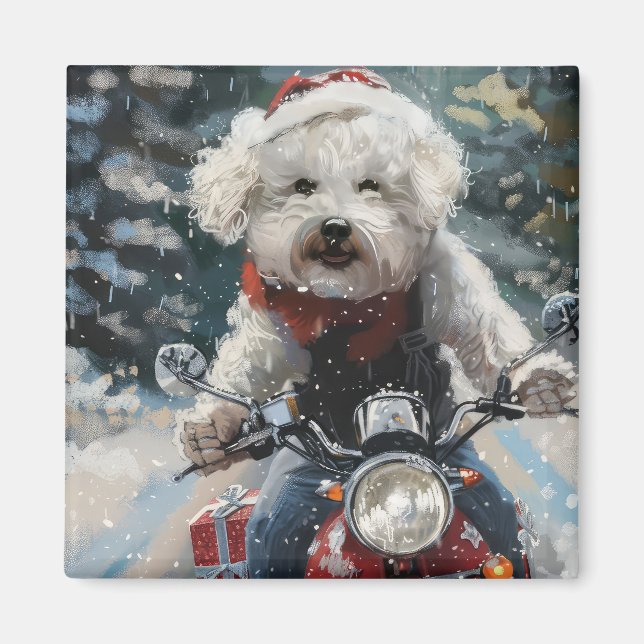 Bichon Frise Dog Riding Motorcycle Christmas Magnet (Front)