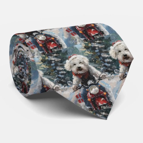 Bichon Frise Dog Riding Motorcycle Christmas Neck Tie