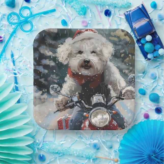 Bichon Frise Dog Riding Motorcycle Christmas Paper Plates (Party)