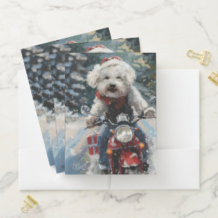 Bichon Frise Dog Riding Motorcycle Christmas Pocket Folder