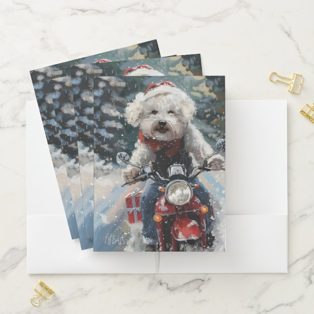 Bichon Frise Dog Riding Motorcycle Christmas Pocket Folder (In Situ)