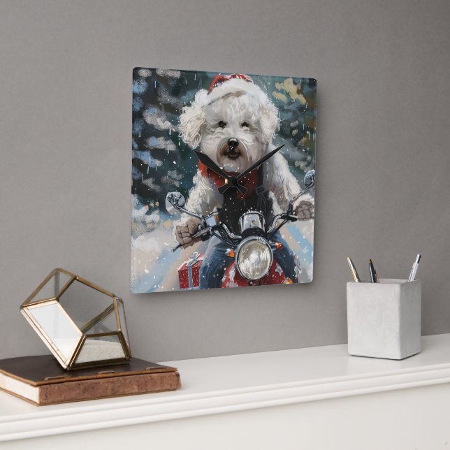 Bichon Frise Dog Riding Motorcycle Christmas Square Wall Clock (Office)