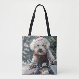 Bichon Frise Dog Riding Motorcycle Christmas Tote Bag
