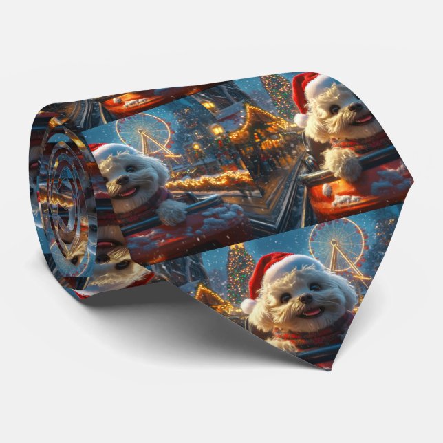 Bichon Frise Dog Roller Coaster Christmas Neck Tie (Rolled)