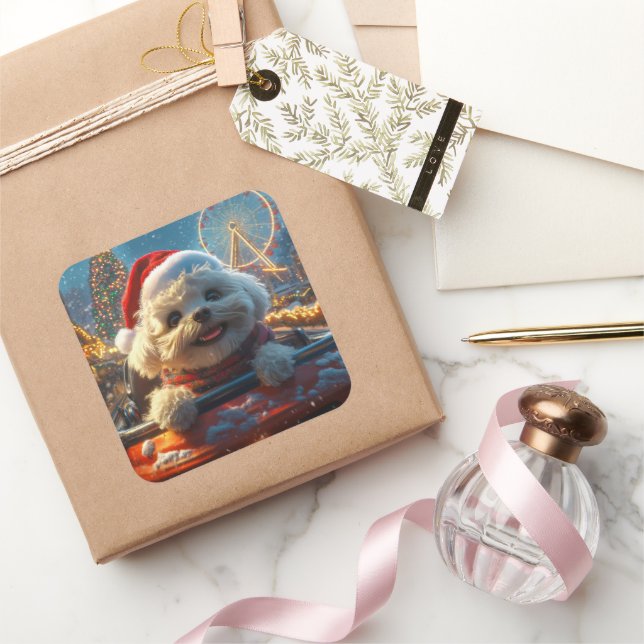 Bichon Frise Dog Roller Coaster Christmas Square Sticker (Gifting)