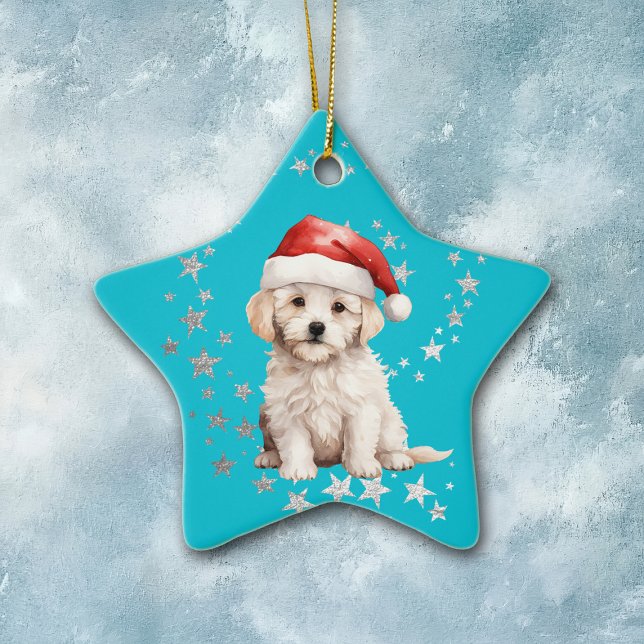 Bichon Frise Dog Silver Stars Blue Christmas Ceramic Ornament (Creator Uploaded)