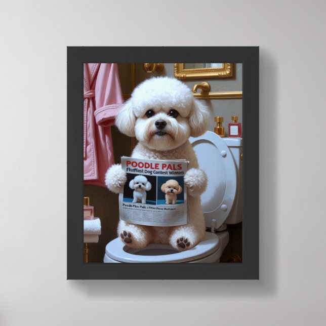 Bichon Frise Dog Sitting On Toilet Funny Framed Art (Framed Front)