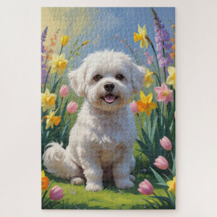 Bichon Frise Dog Spring Flowers Painting Jigsaw Puzzle