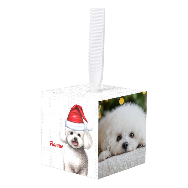 Bichon Frise Dog Two Photo Christmas Holiday Cube Ornament (Front Angled)
