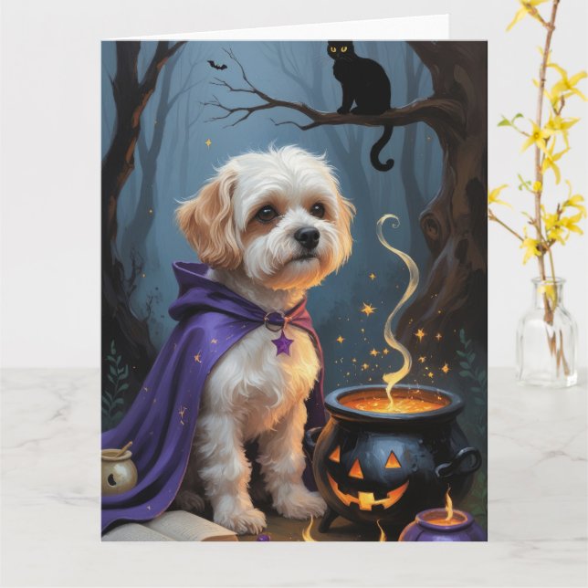 Bichon Frise Dog Whimsical Halloween Painting Card (Yellow Flower)