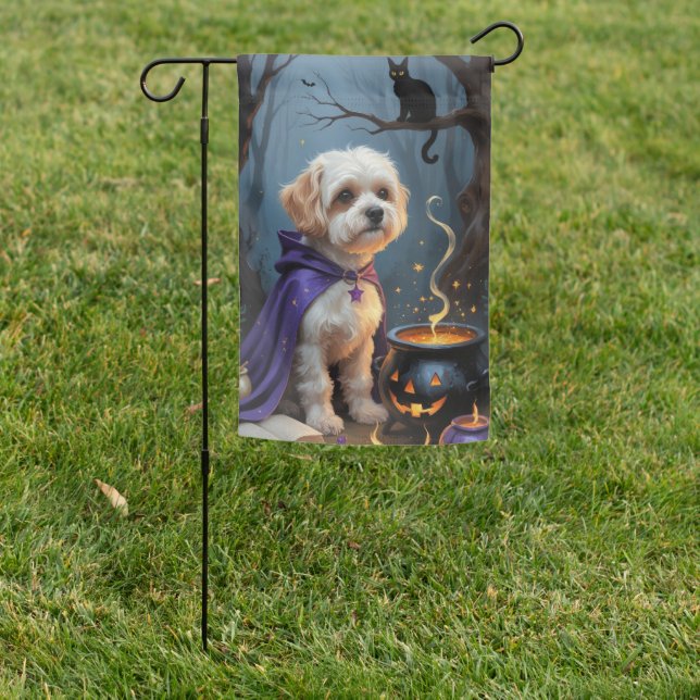 Bichon Frise Dog Whimsical Halloween Painting Garden Flag (In SItu)