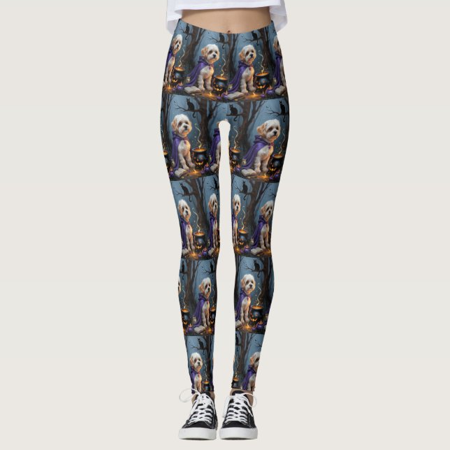 Bichon Frise Dog Whimsical Halloween Painting Leggings (Front)
