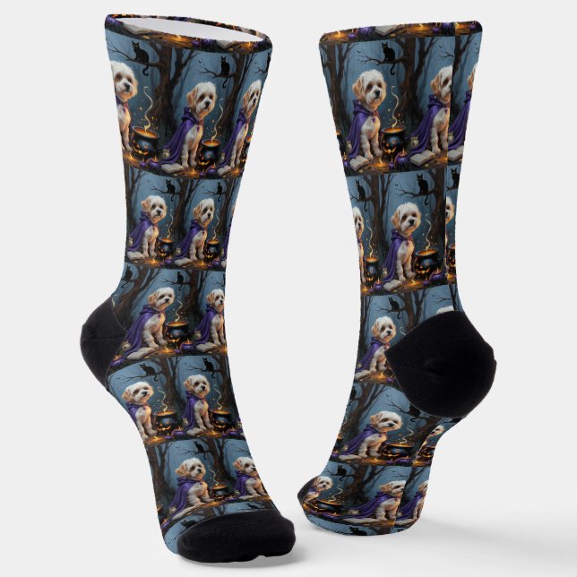 Bichon Frise Dog Whimsical Halloween Painting Socks (Angled)