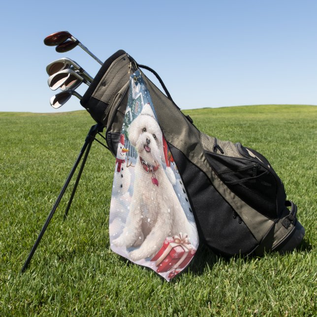 Bichon Frise Dog Winter Wonderland Christmas Joy Golf Towel (Green)