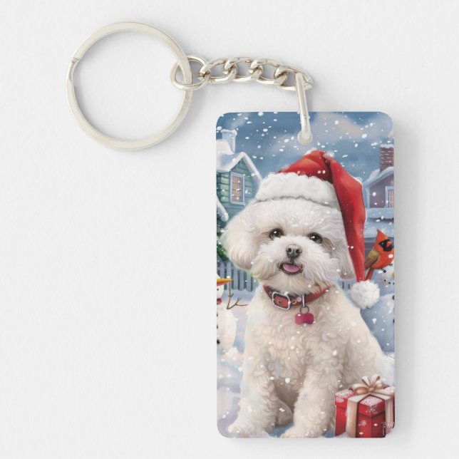 Bichon Frise Dog Winter Wonderland Christmas Joy Keychain (Front)