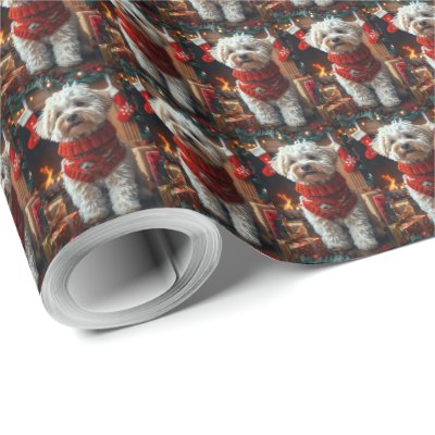 Bichon Frise Dog with Christmas Gifts Fireplace Wrapping Paper