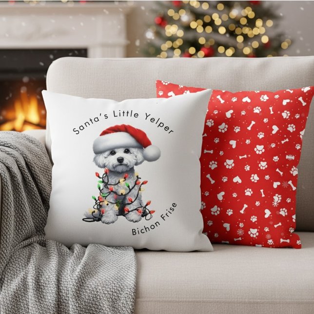 Bichon Frise Dog Wrapped In Christmas Light Throw Pillow (Creator Uploaded)
