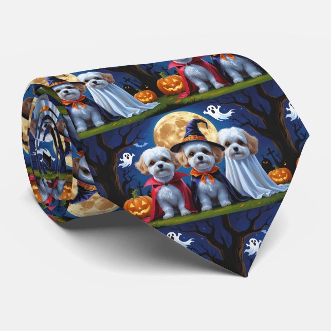 Bichon Frise Dogs Pumpkin Halloween Funny  Neck Tie (Rolled)