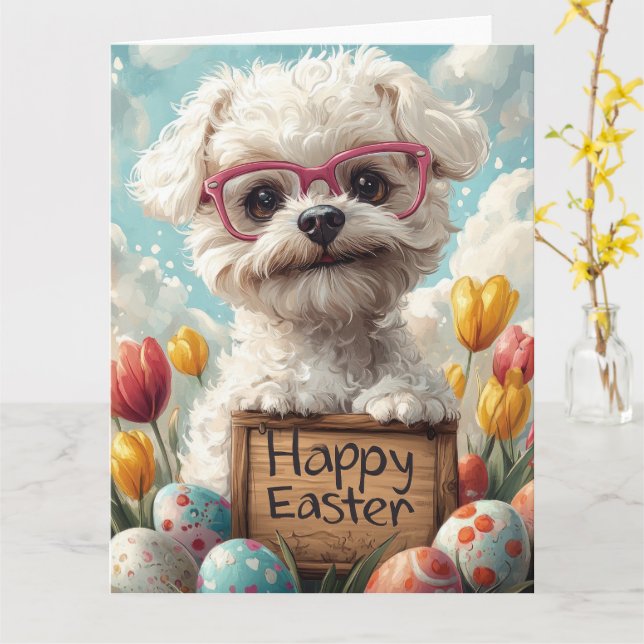 Bichon Frise Easter Eggs Card (Yellow Flower)