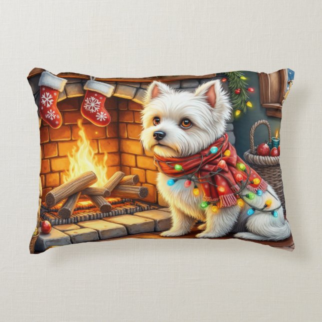 Bichon Frise Fireplace with Christmas Lights Accent Pillow (Front)