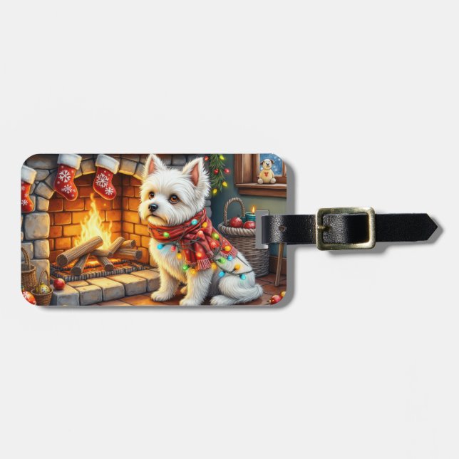 Bichon Frise Fireplace with Christmas Lights Luggage Tag (Front Horizontal)
