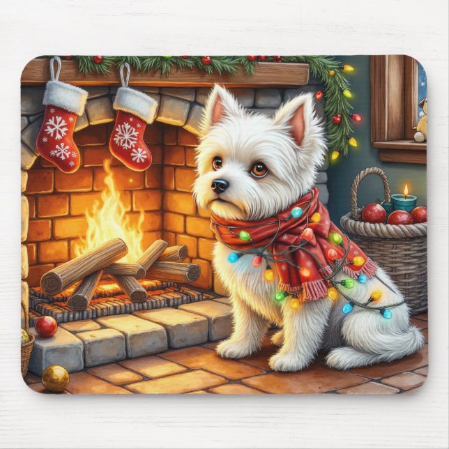 Bichon Frise Fireplace with Christmas Lights Mouse Pad (Front)