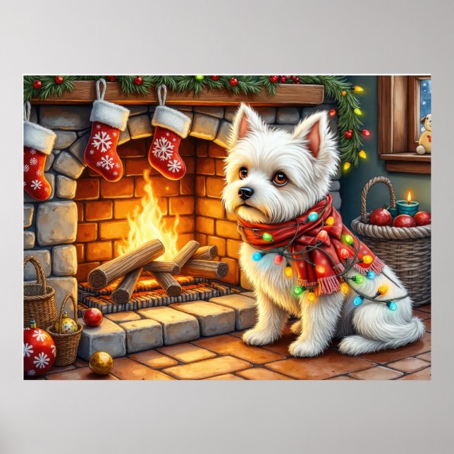 Bichon Frise Fireplace with Christmas Lights Poster (Front)