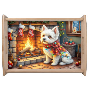 Bichon Frise Fireplace with Christmas Lights Serving Tray