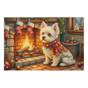 Bichon Frise Fireplace with Christmas Lights Wood Wall Art