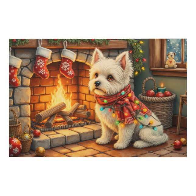 Bichon Frise Fireplace with Christmas Lights Wood Wall Art (Front)
