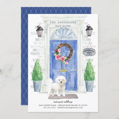 Bichon Frise Front Door Moving Announcement - Announce your new address with our stylish announcement featuring a Bichon Frise, blue front door, welcome mat, slate sign, topiaries and a floral wreath set on a gray brick background.