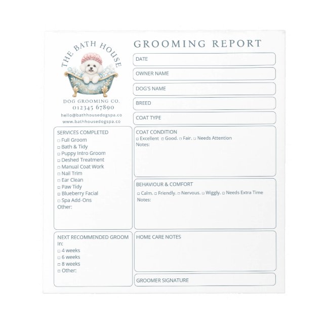 Bichon Frise Grooming Report Card Notepad (Front)