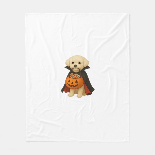 Bichon Frisé Halloween Vampire Pup with Pumpkin Ba Fleece Blanket (Front)