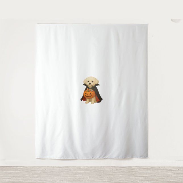 Bichon Frisé Halloween Vampire Pup with Pumpkin Ba Tapestry (Front)