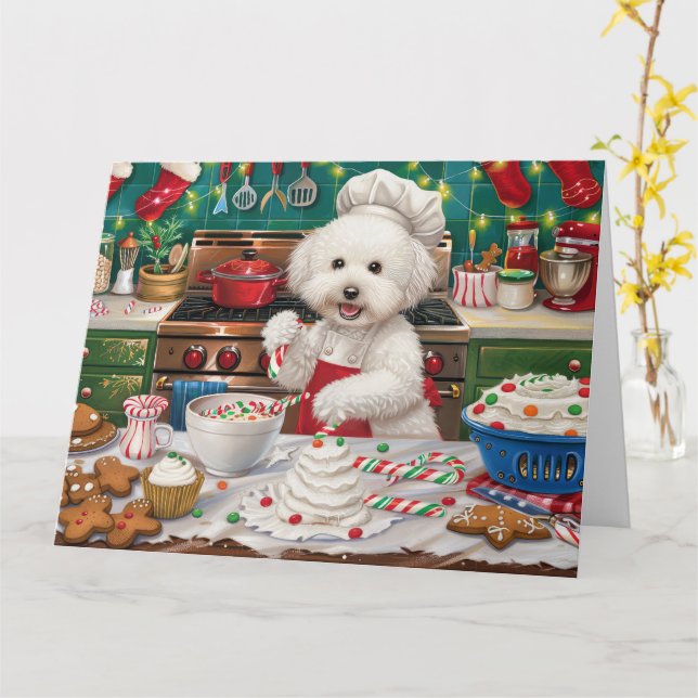 Bichon Frise Holiday Baking: Festive Christmas Card (Yellow Flower)