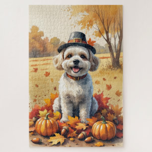 Bichon Frise In Autumn Leaves Thanksgiving Art Jigsaw Puzzle