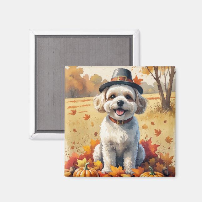 Bichon Frise In Autumn Leaves Thanksgiving Art  Magnet (Front/Back)