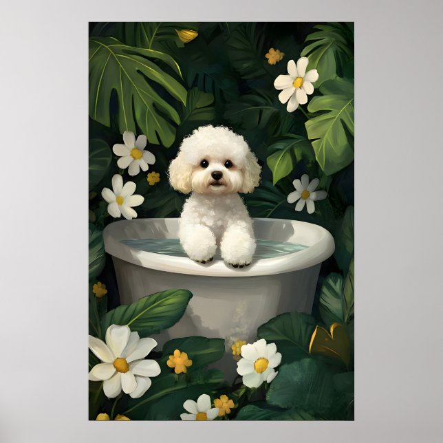 Bichon Frise In Bathtub Poster, Funny Dog Poster (Front)