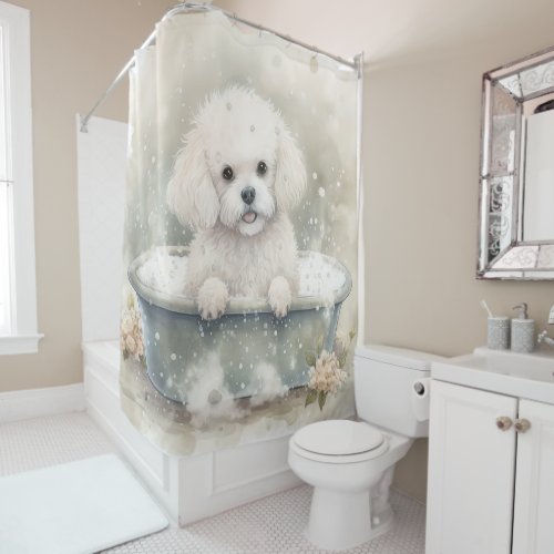 Bichon Frise In Bathtub Watercolor Dog Art Shower Curtain