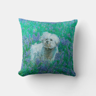 Bichon Frise in Bluebonnets Throw Pillow