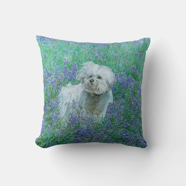 Bichon Frise in Bluebonnets Throw Pillow (Front)