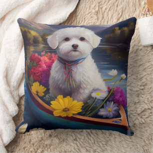 Bichon Frise on a Paddle: A Scenic Adventure Throw Pillow